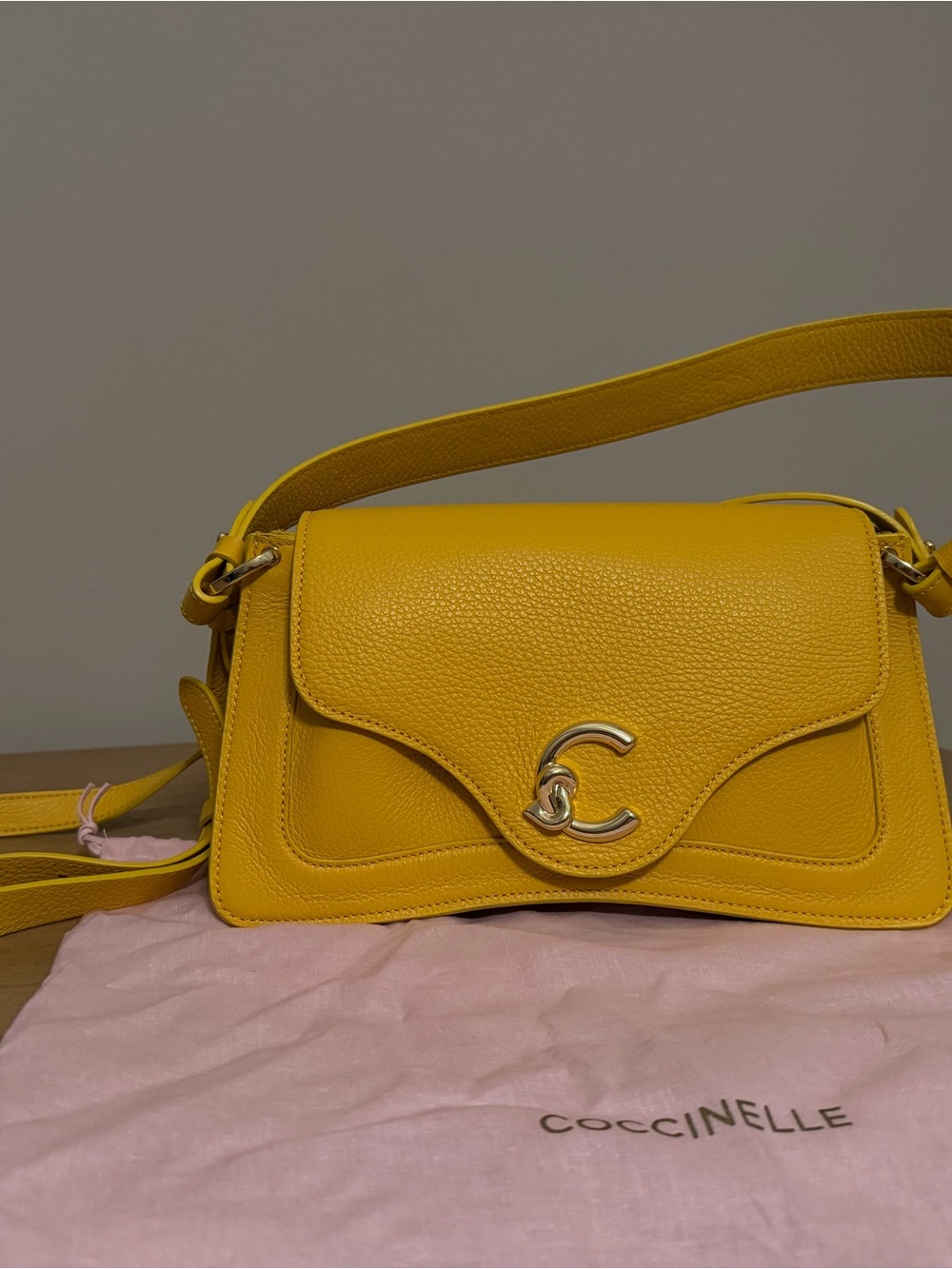 Coccinelle Yellow Leather Shoulder Bag with Signature CC Accent